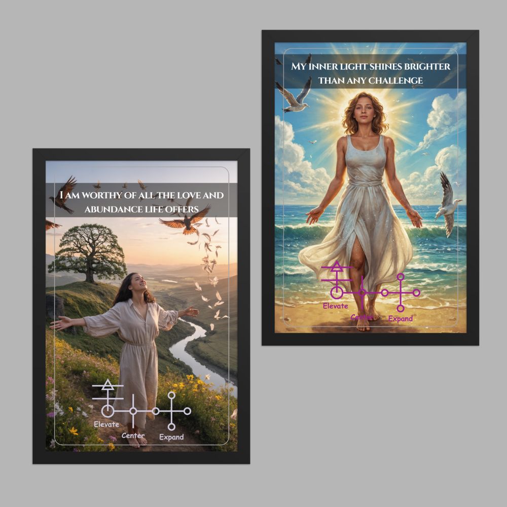 Affirmation Posters – “I Am Worthy” & “My Inner Light” with Sacred Glyphs (Framed)
